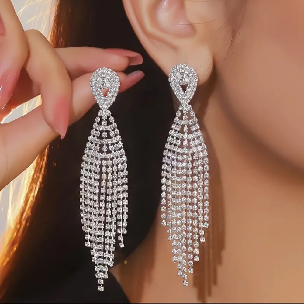 Crystal Tassel Drop Earrings - Silver